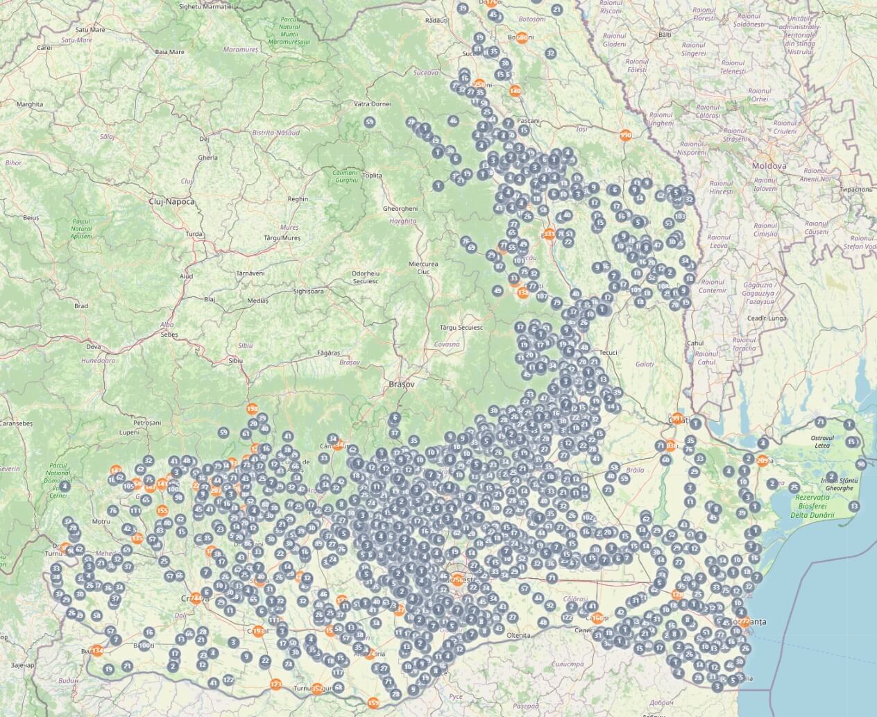 Hartă acoperire digitizare registre stare civilă Moldova și Țara Românească eANR 1865